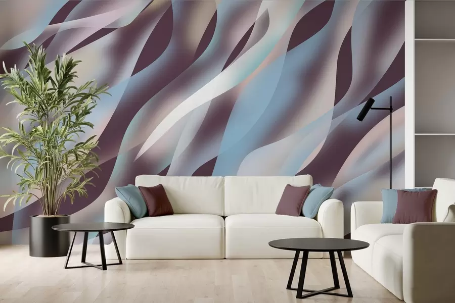 Papier peint photo Vagues abstraites dans des tons de bleu, rose et beige sur un fond aubergine foncé w05758v3