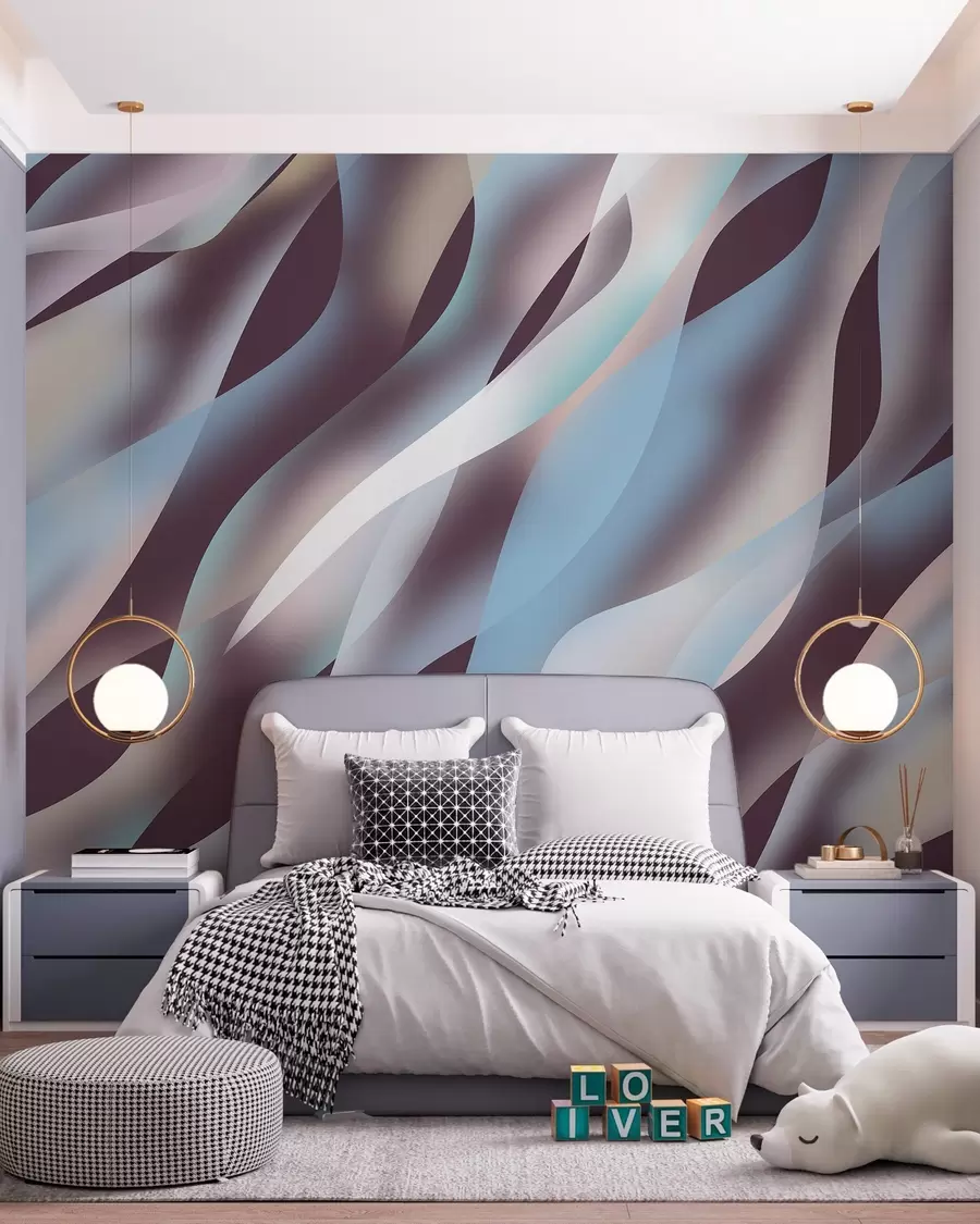 Papier peint photo Vagues abstraites dans des tons de bleu, rose et beige sur un fond aubergine foncé w05758v3