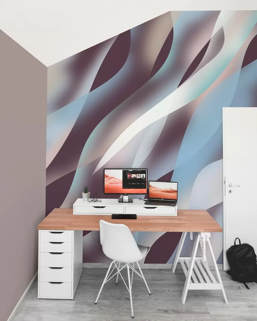 Papier peint photo Vagues abstraites dans des tons de bleu, rose et beige sur un fond aubergine foncé w05758v3