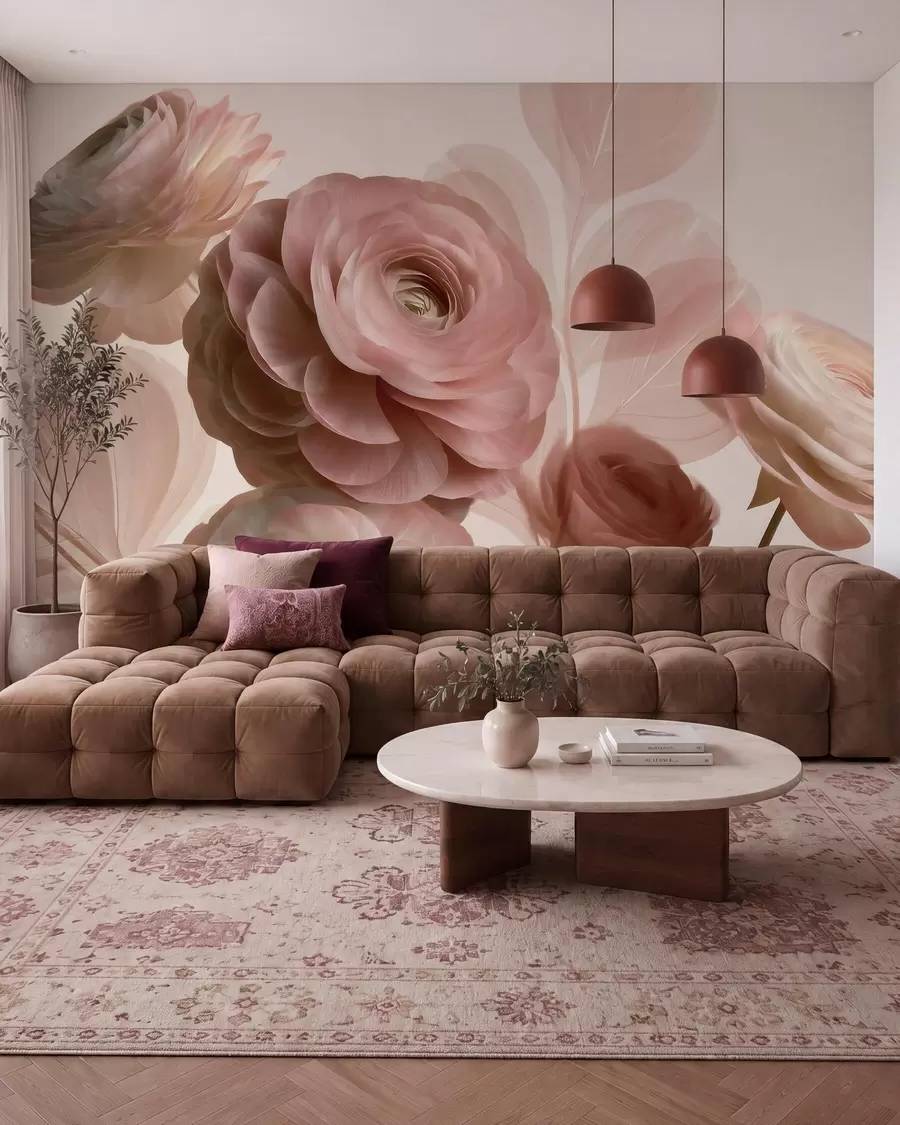 Fotobehang Volumineuze, poederroze ranonkelbloemen met doorschijnende bloemblaadjes in zachte roze en beige tinten w09998