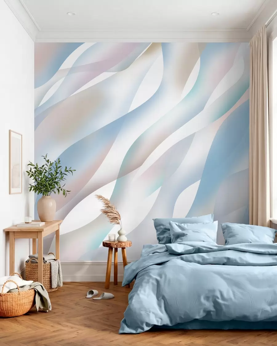 Fotobehang Abstracte golven in tinten blauw, roze en beige tegen een witte achtergrond w05758v1