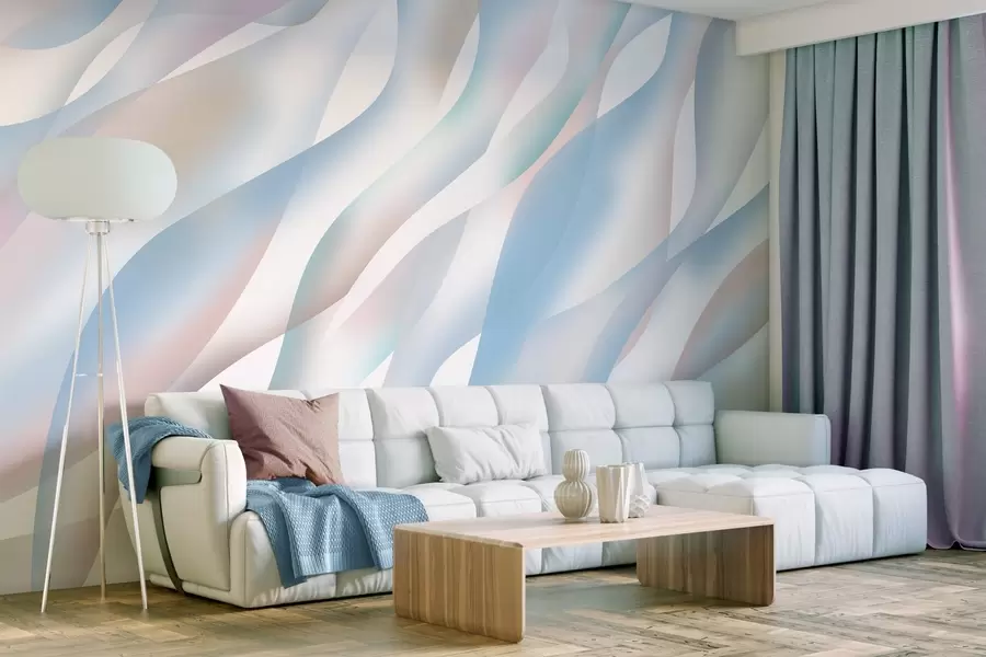Fotobehang Abstracte golven in tinten blauw, roze en beige tegen een witte achtergrond w05758v1