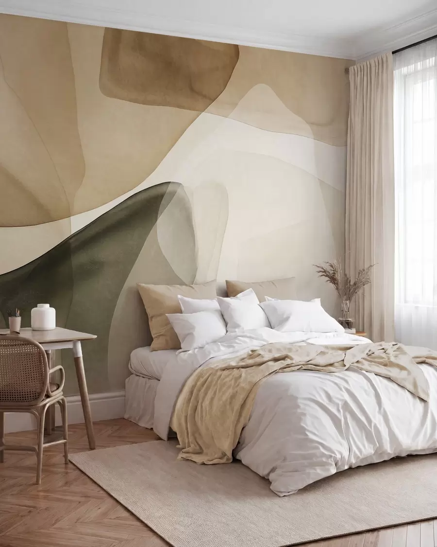 Fotobehang Abstracte vormen in beige- en groentinten, met een structuur en doorschijnende lagen w10022