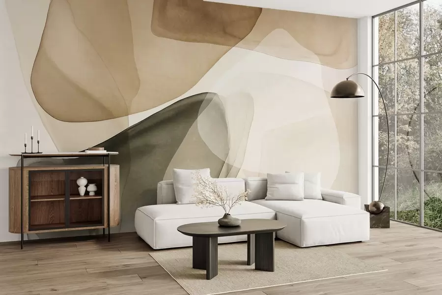 Fotobehang Abstracte vormen in beige- en groentinten, met een structuur en doorschijnende lagen w10022