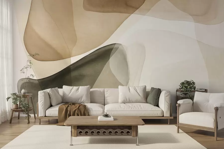 Fotobehang Abstracte vormen in beige- en groentinten, met een structuur en doorschijnende lagen w10022