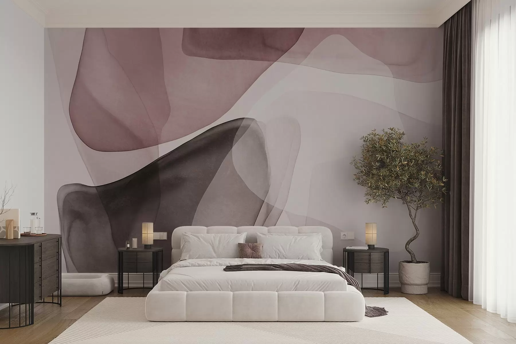 Papier peint photo Formes abstraites dans des nuances de rose et de marron foncé, effet de couches texturées et translucides w10022v1