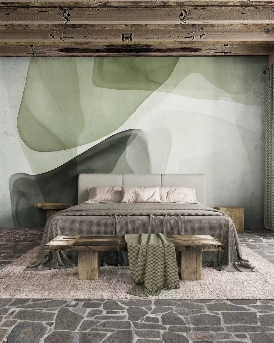 Fotobehang Abstracte vormen in groene tinten, met een gestructureerd, doorschijnend laagjeseffect w10022v2