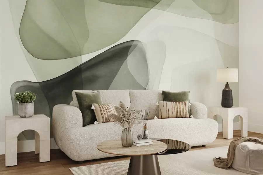 Fotobehang Abstracte vormen in groene tinten, met een gestructureerd, doorschijnend laagjeseffect w10022v2