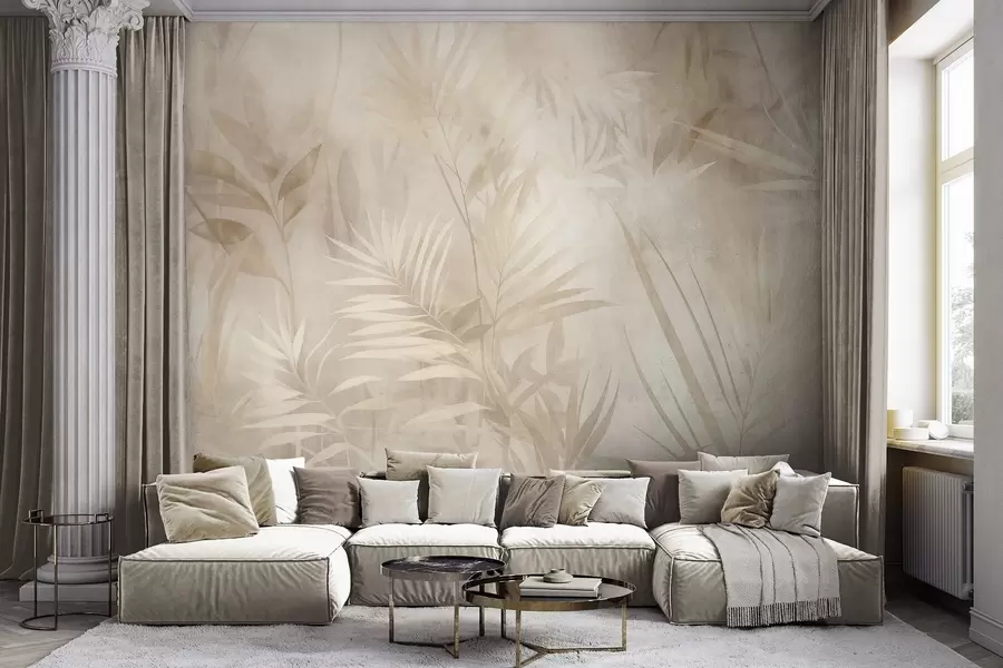 Fotobehang Palmbladeren in ingetogen beige- en crèmekleuren, tegen een zachte achtergrond van een tropisch oerwoud w10023