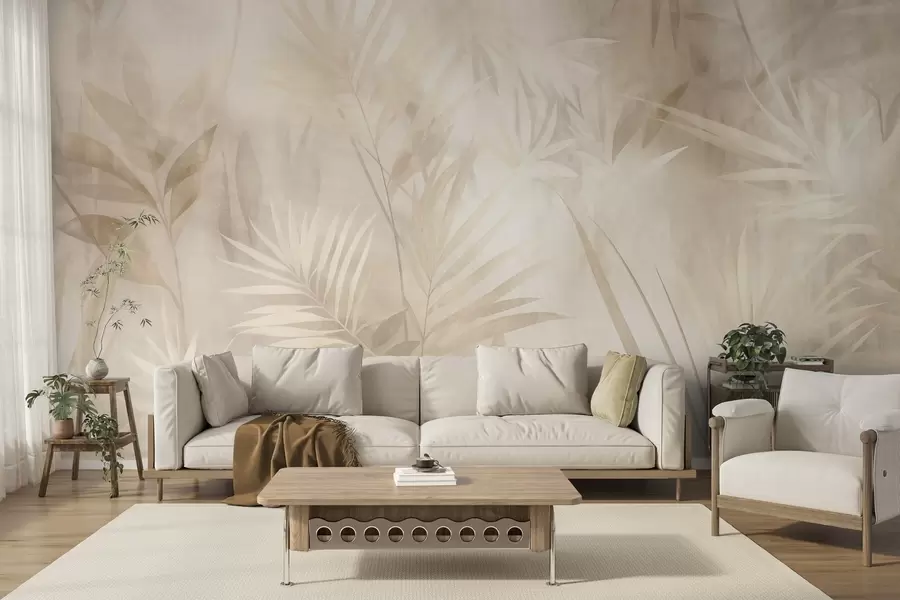 Fotobehang Palmbladeren in ingetogen beige- en crèmekleuren, tegen een zachte achtergrond van een tropisch oerwoud w10023