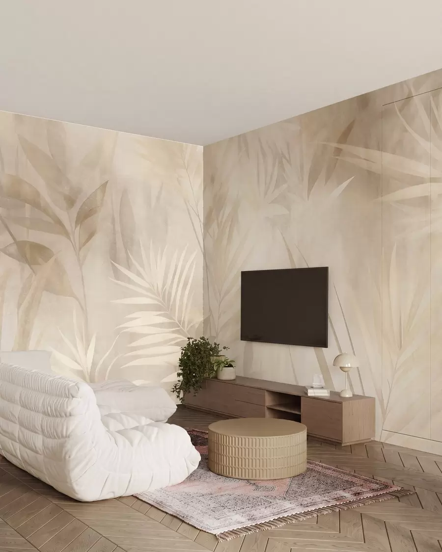Fotobehang Palmbladeren in ingetogen beige- en crèmekleuren, tegen een zachte achtergrond van een tropisch oerwoud w10023