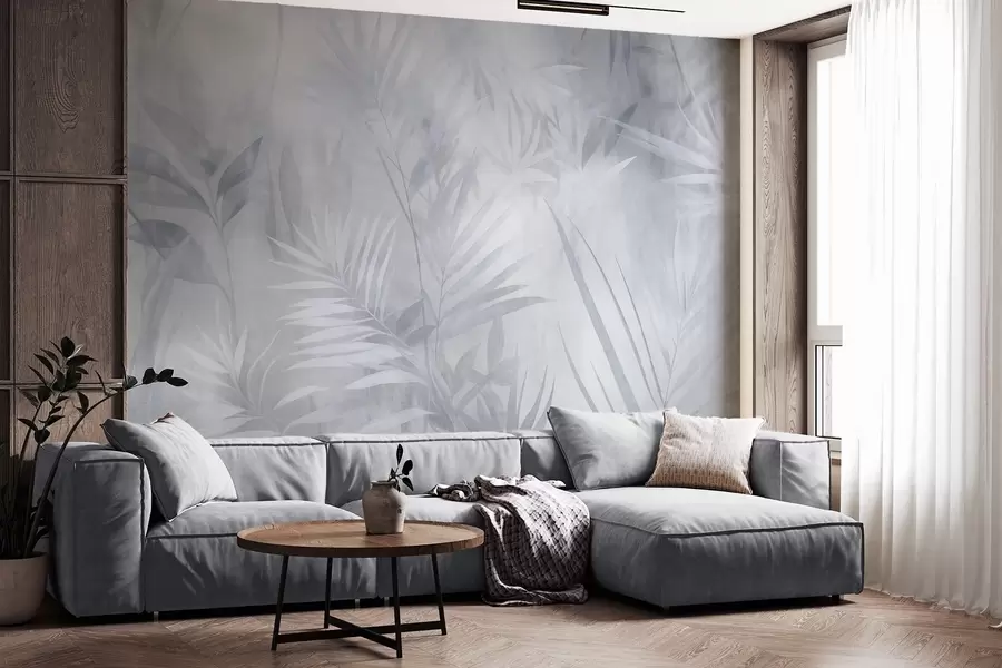 Fotobehang Palmbladeren in ingetogen blauwtinten, tegen een zachte achtergrond, tropisch oerwoud w10023v2