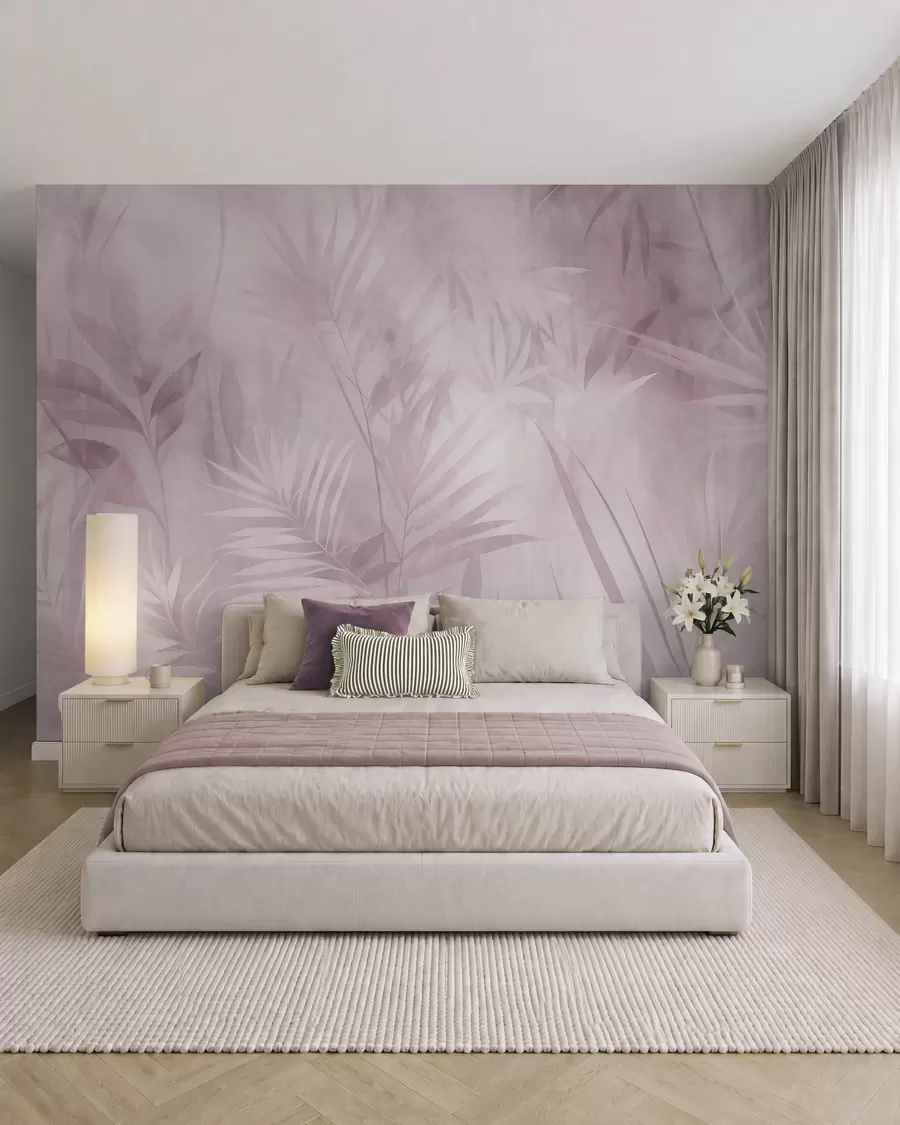 Fotobehang Palmbladeren in ingetogen roze tinten, tegen een zachte achtergrond, tropisch oerwoud w10023v3
