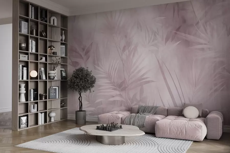 Fotobehang Palmbladeren in ingetogen roze tinten, tegen een zachte achtergrond, tropisch oerwoud w10023v3