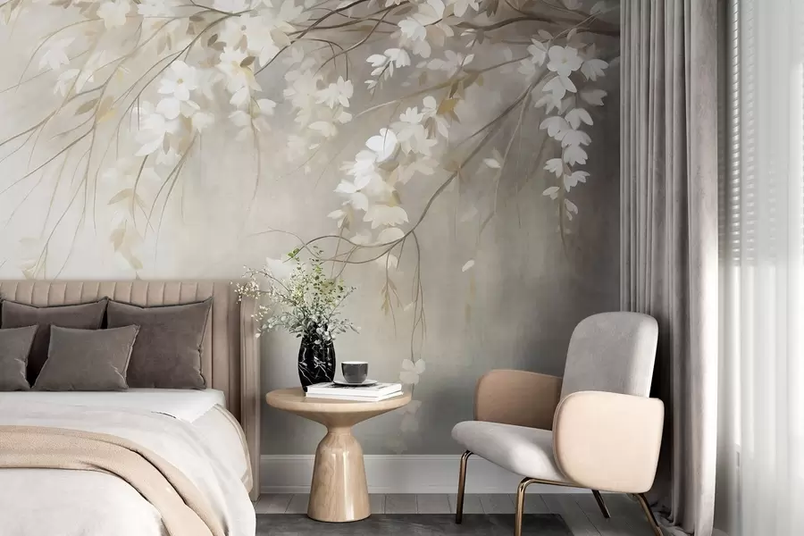 Papier peint photo Une branche de cerisier délicate, ornée de fleurs blanches et de feuilles, style peinture w10024