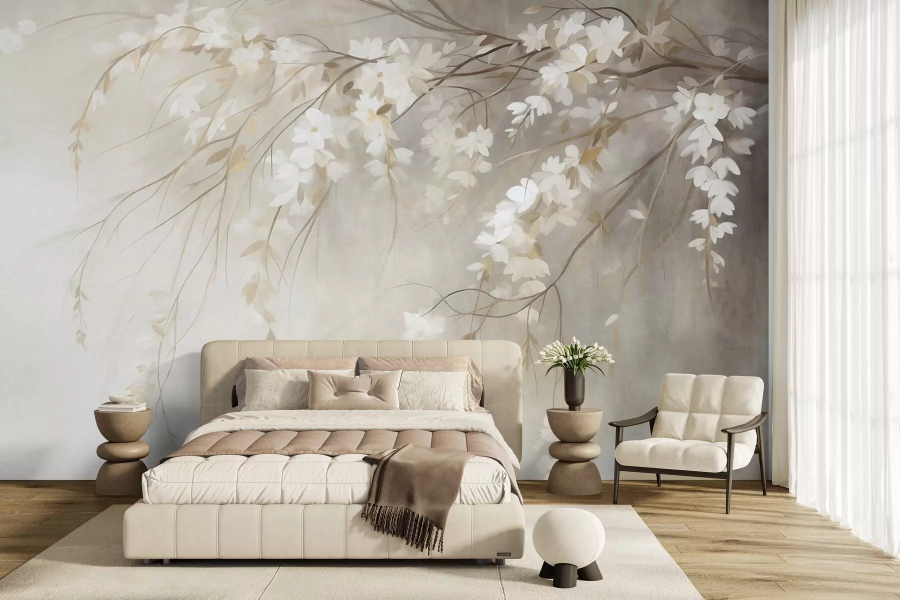 Papier peint photo Une branche de cerisier délicate, ornée de fleurs blanches et de feuilles, style peinture w10024