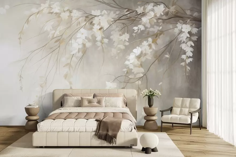 Fotobehang Een fijne kersenboomtak met witte bloesems en bladeren, in schilderstijl w10024