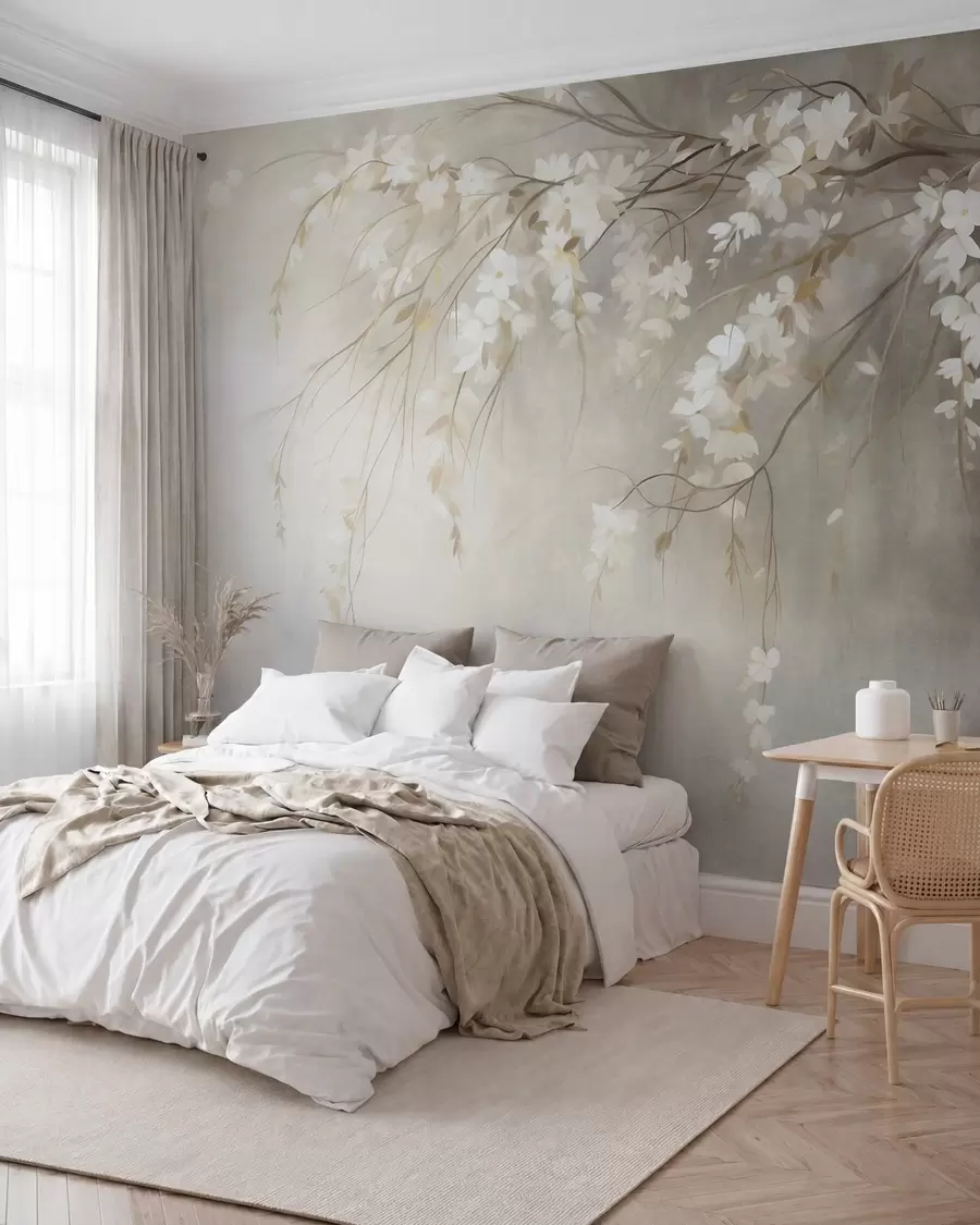 Papier peint photo Une branche de cerisier délicate, ornée de fleurs blanches et de feuilles, style peinture w10024
