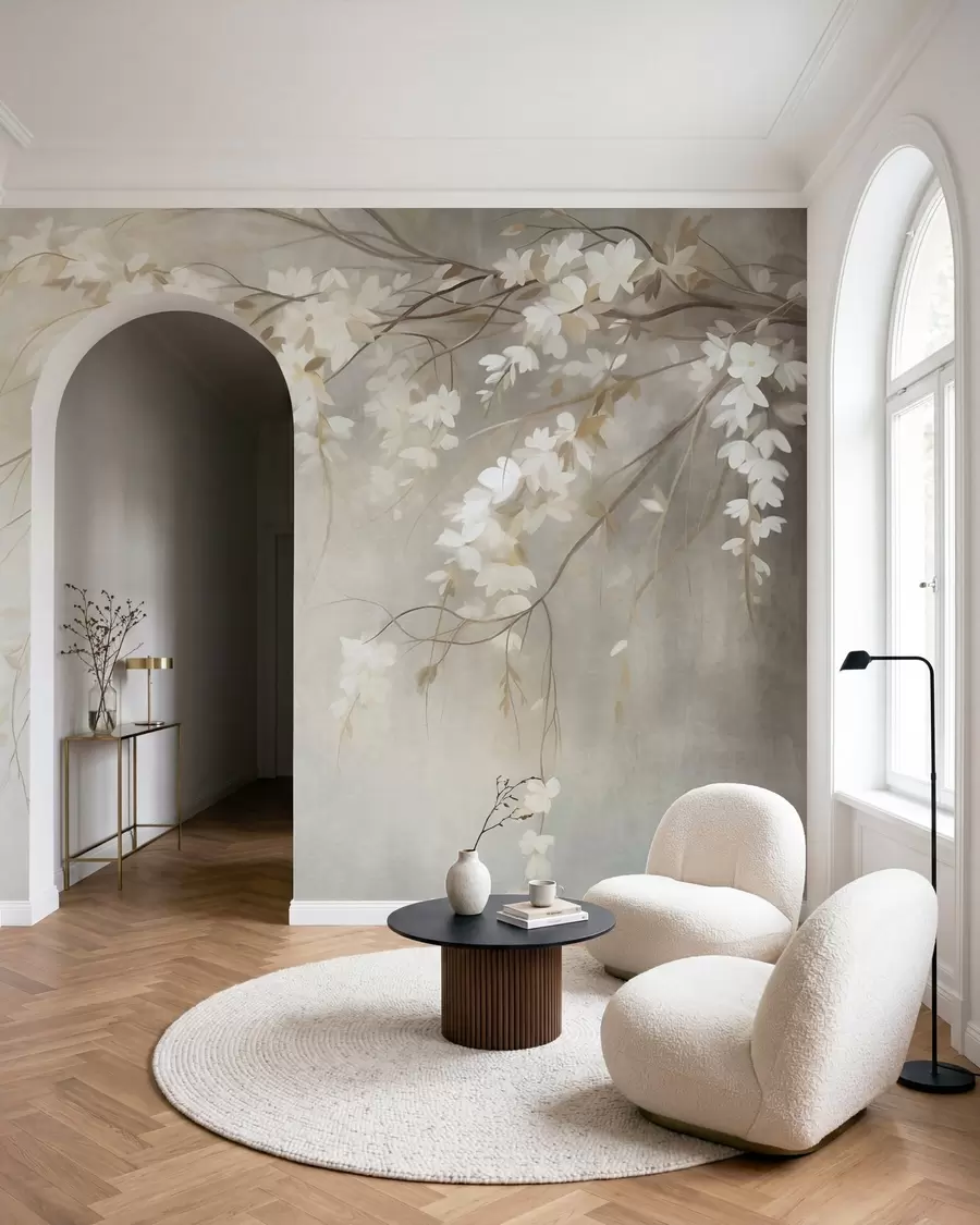 Fotobehang Een fijne kersenboomtak met witte bloesems en bladeren, in schilderstijl w10024
