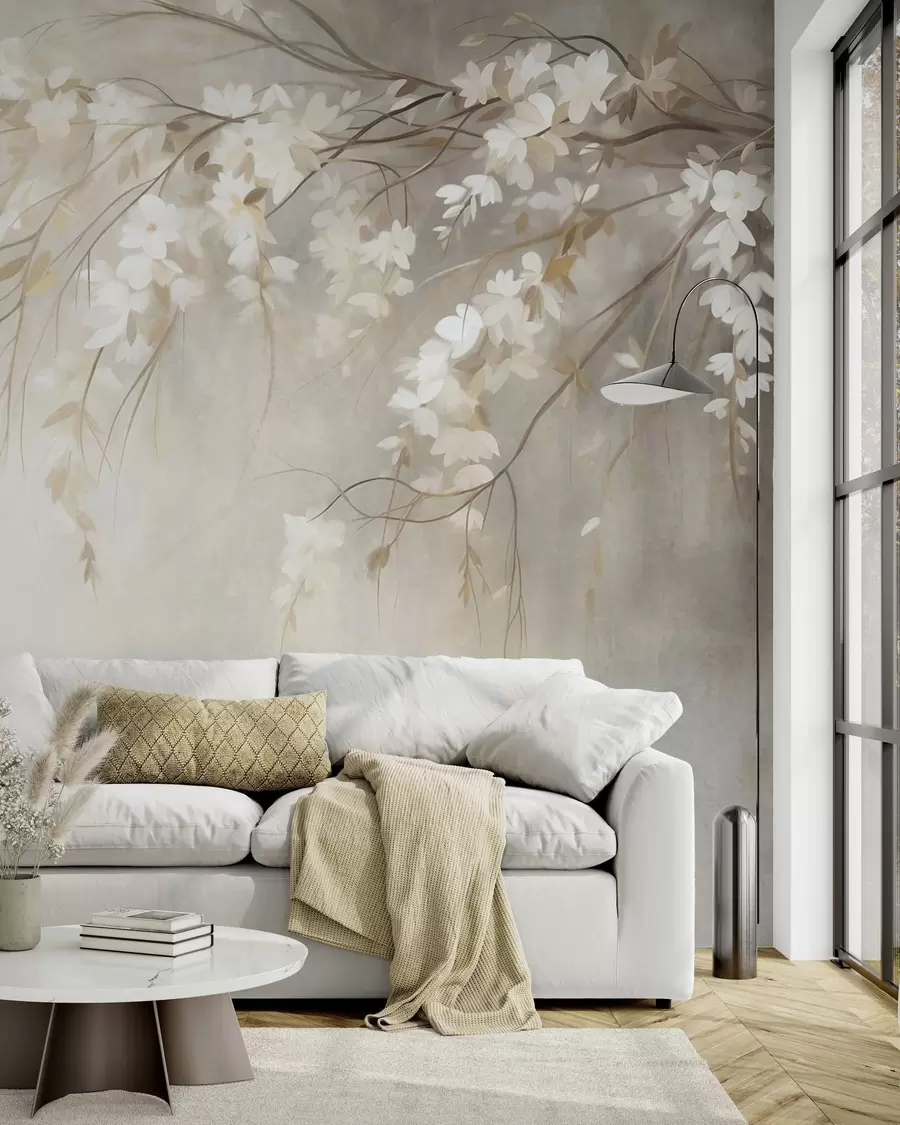 Fotobehang Een fijne kersenboomtak met witte bloesems en bladeren, in schilderstijl w10024