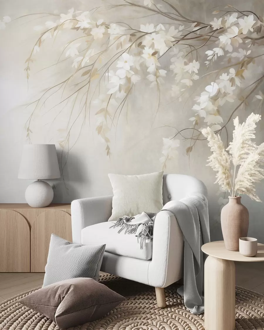 Fotobehang Een fijne kersenboomtak met witte bloesems en bladeren, in schilderstijl w10024