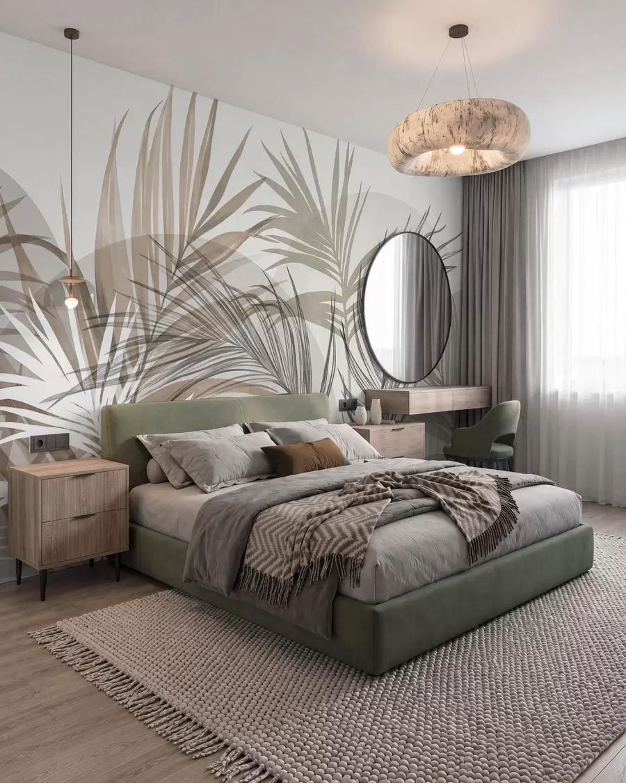 Fotobehang Palmbladeren in neutrale tinten beige, bruin en grijs, met abstracte vormen w10025