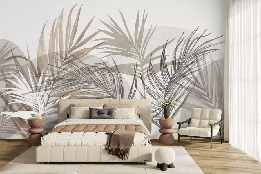 Fotobehang Palmbladeren in neutrale tinten beige, bruin en grijs, met abstracte vormen w10025