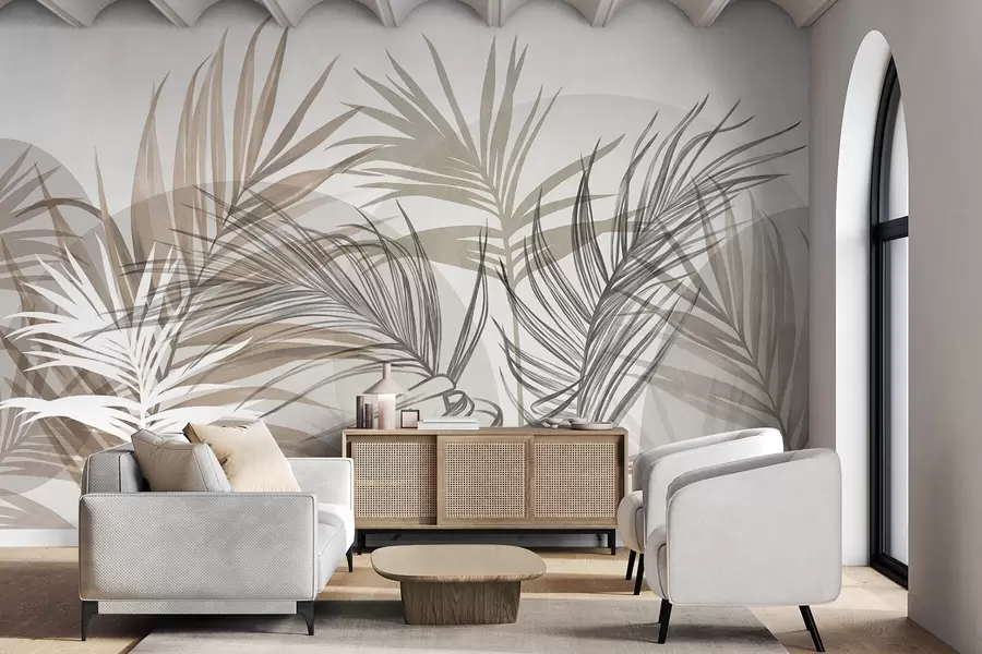 Fotobehang Palmbladeren in neutrale tinten beige, bruin en grijs, met abstracte vormen w10025