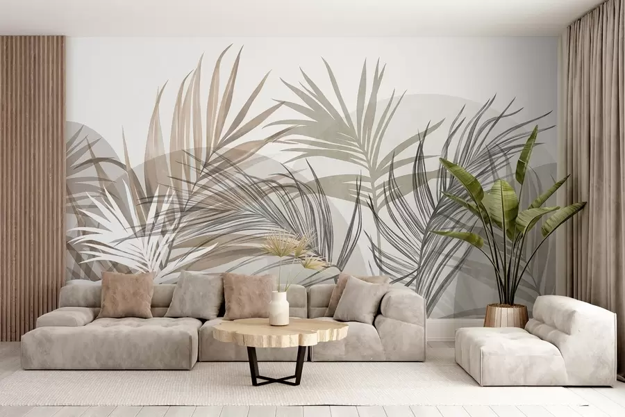 Fotobehang Palmbladeren in neutrale tinten beige, bruin en grijs, met abstracte vormen w10025