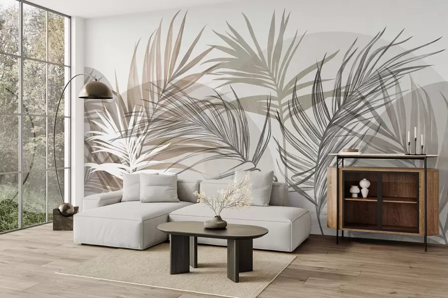 Fotobehang Palmbladeren in neutrale tinten beige, bruin en grijs, met abstracte vormen w10025