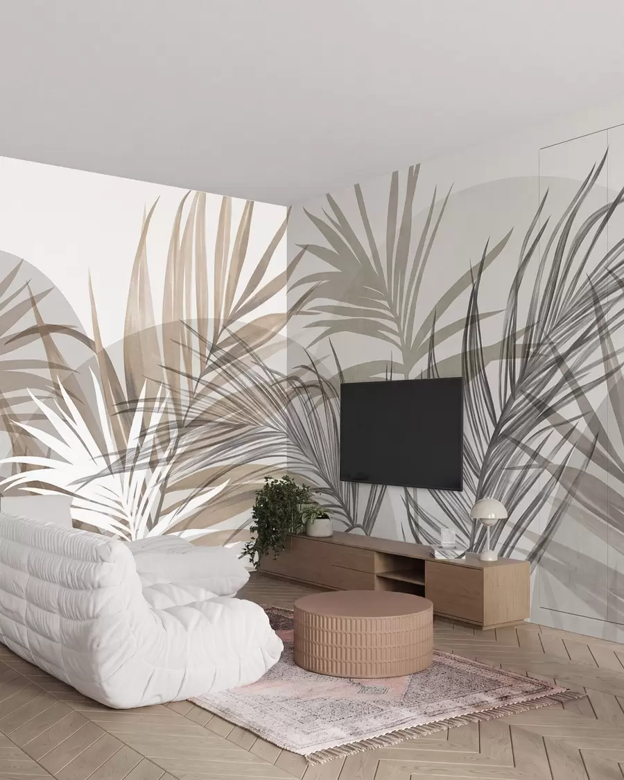 Fotobehang Palmbladeren in neutrale tinten beige, bruin en grijs, met abstracte vormen w10025