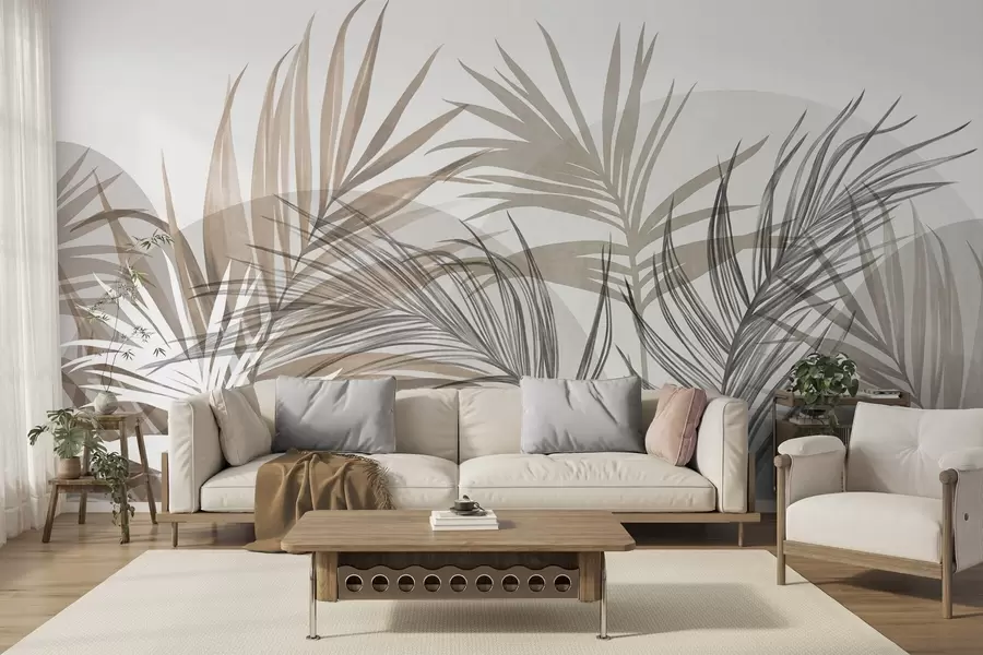 Fotobehang Palmbladeren in neutrale tinten beige, bruin en grijs, met abstracte vormen w10025
