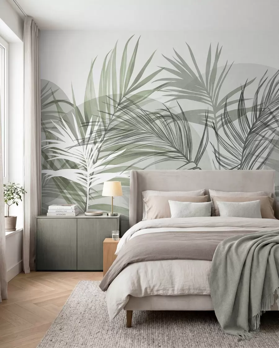Fotobehang Palmbladeren in neutrale tinten groen en grijs, met abstracte vormen w10025v2