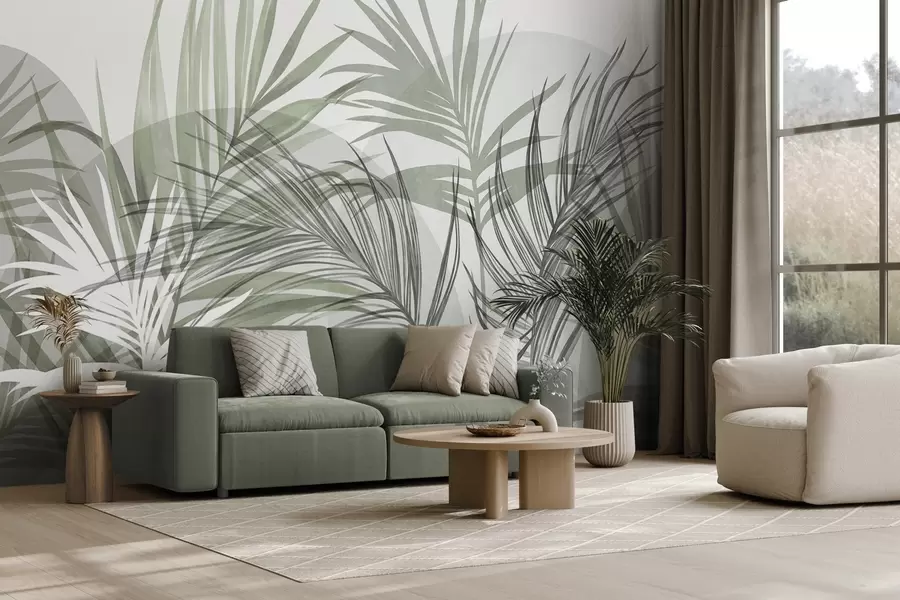 Fotobehang Palmbladeren in neutrale tinten groen en grijs, met abstracte vormen w10025v2