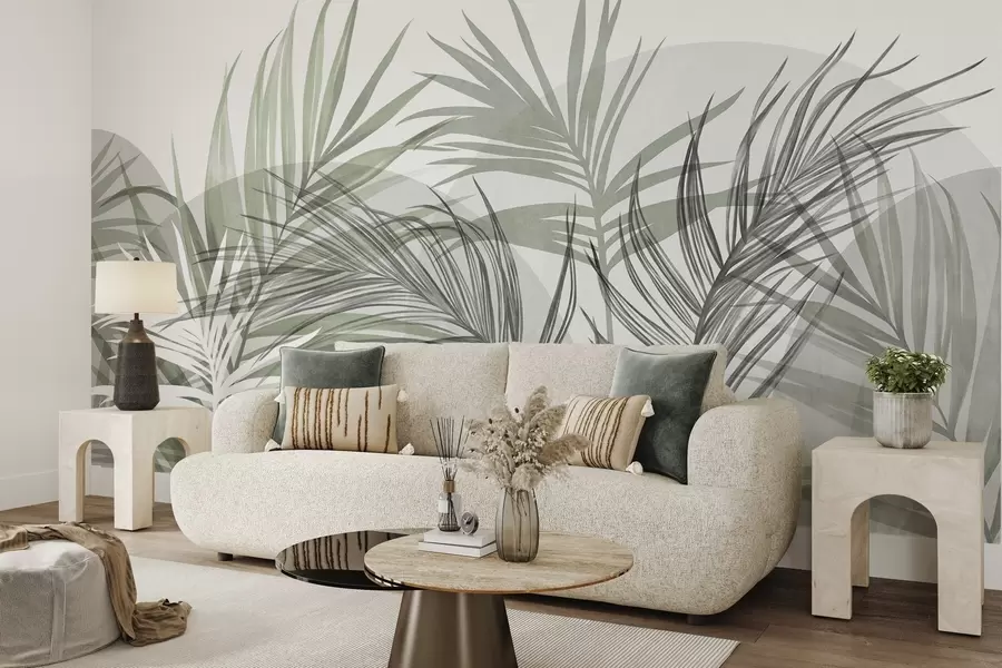 Fotobehang Palmbladeren in neutrale tinten groen en grijs, met abstracte vormen w10025v2