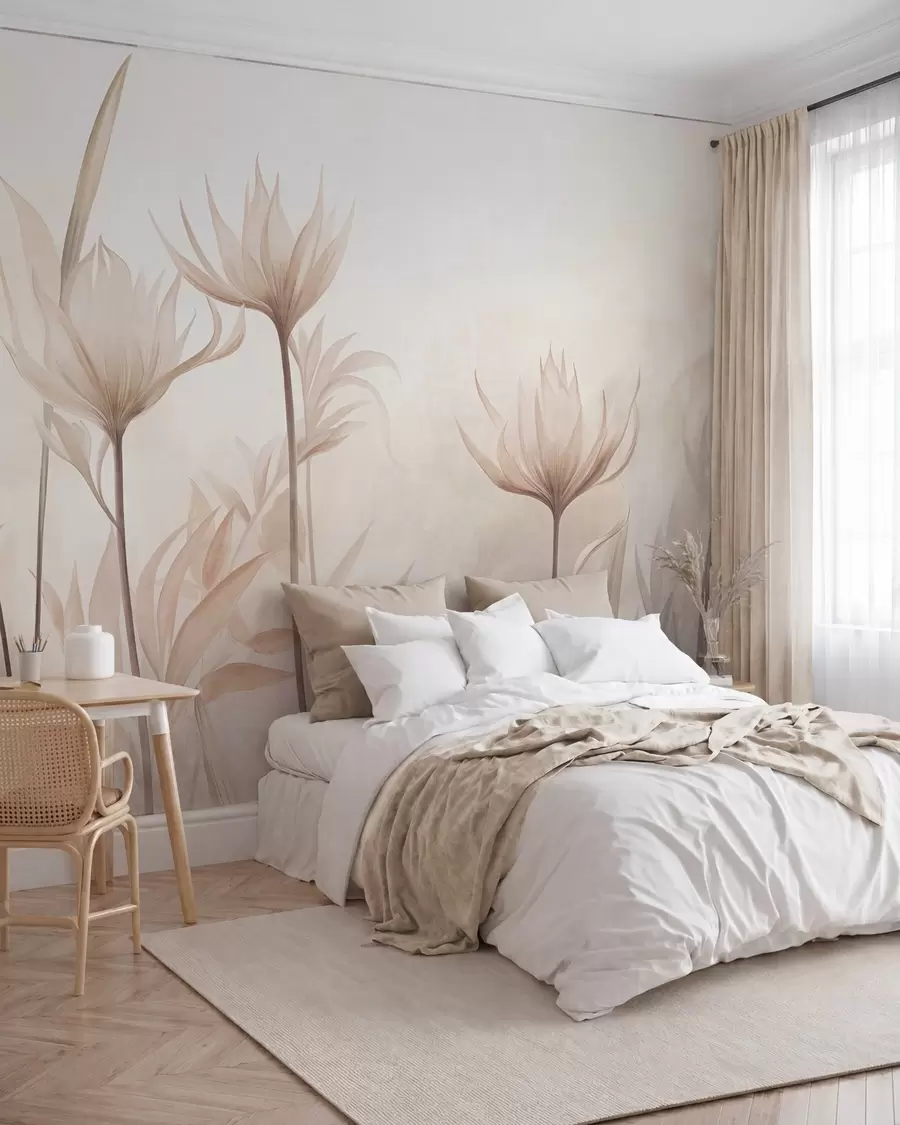 Papier peint photo Fleurs translucides aux textures variées, dans des tons doux de pêche et de beige, dotées de longues tiges et de feuillage w10028