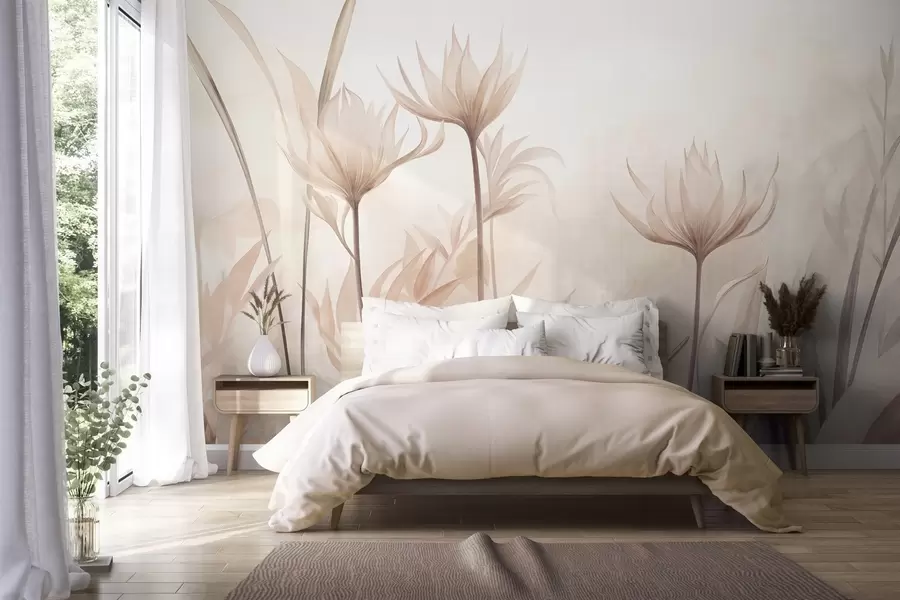Fotobehang Getextureerde, doorschijnende bloemen in zachte perzik- en beige tinten, met lange stelen en bladeren w10028