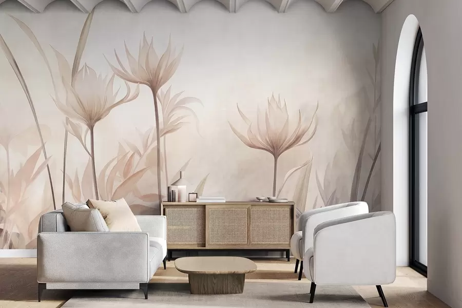 Fotobehang Getextureerde, doorschijnende bloemen in zachte perzik- en beige tinten, met lange stelen en bladeren w10028