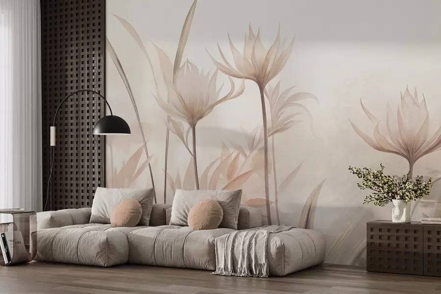 Fotobehang Getextureerde, doorschijnende bloemen in zachte perzik- en beige tinten, met lange stelen en bladeren w10028