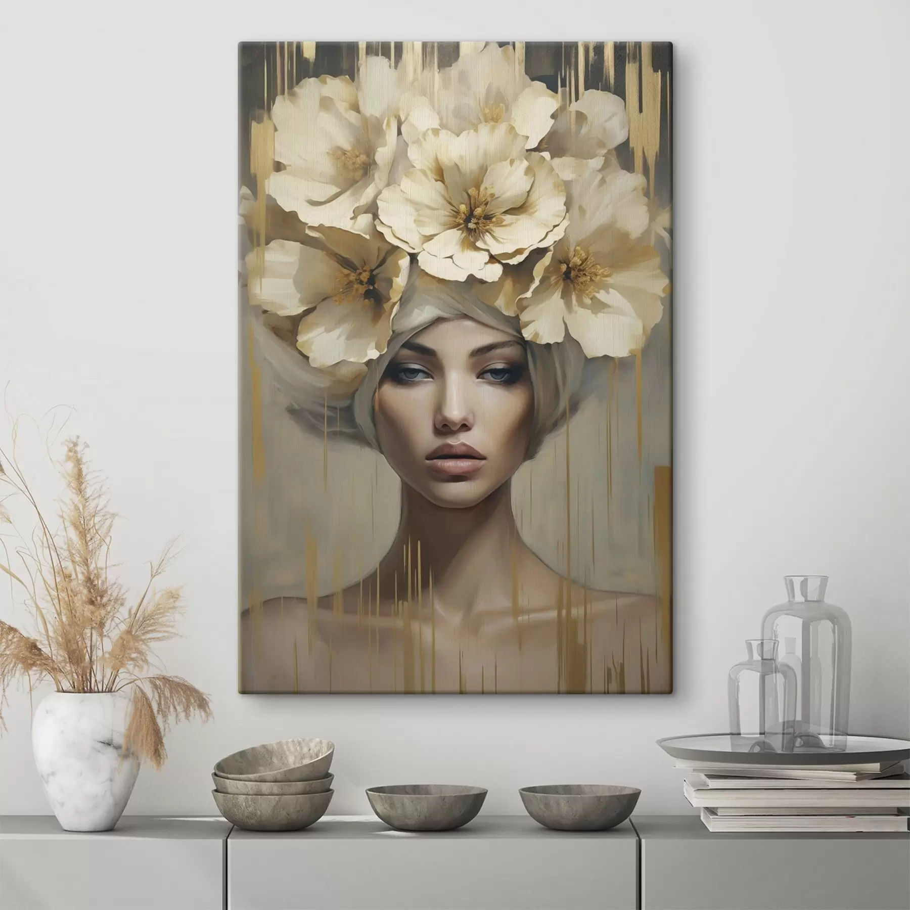  Schilderijen Abstracte vrouw met bloemen in haar haar, imitatie van een schilderij s50381