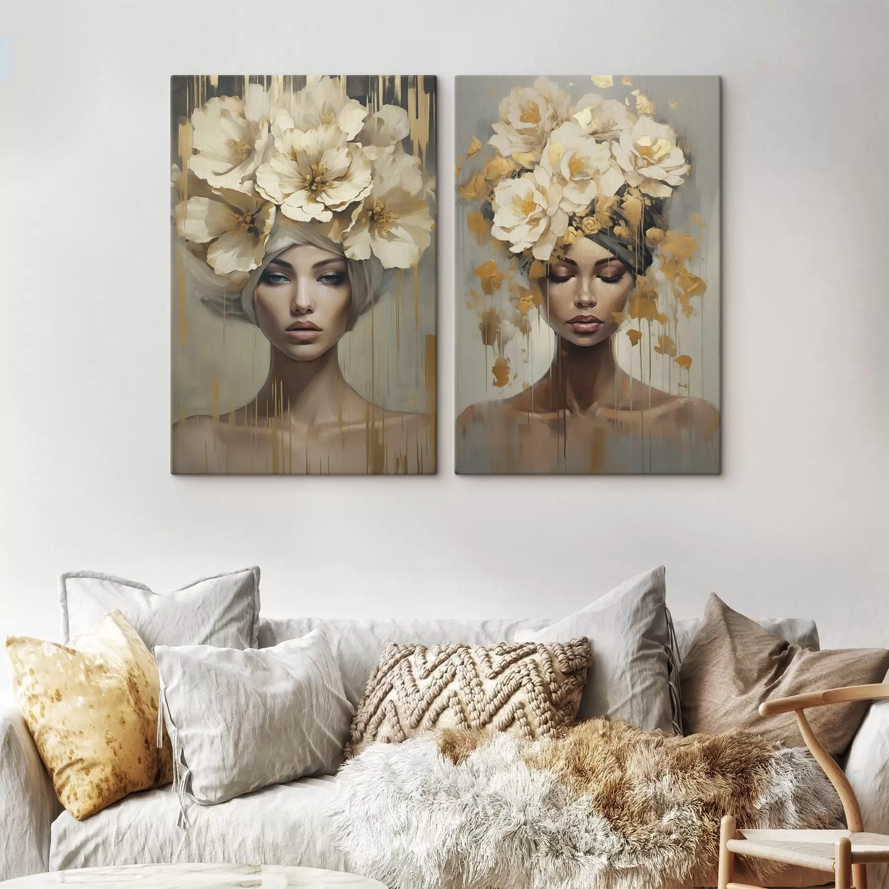  Schilderijen Abstracte vrouw met bloemen in haar haar, imitatie van een schilderij m30898