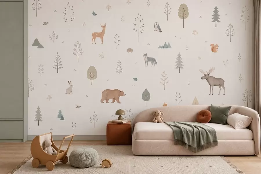 Papier peint photo Animaux de la forêt et arbres sur fond clair w05864