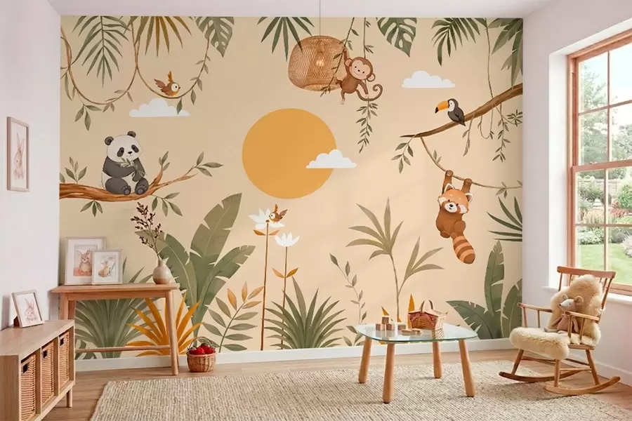 Papier peint photo Animaux tropicaux, végétation et soleil sur un fond aux teintes chaudes w05865v1