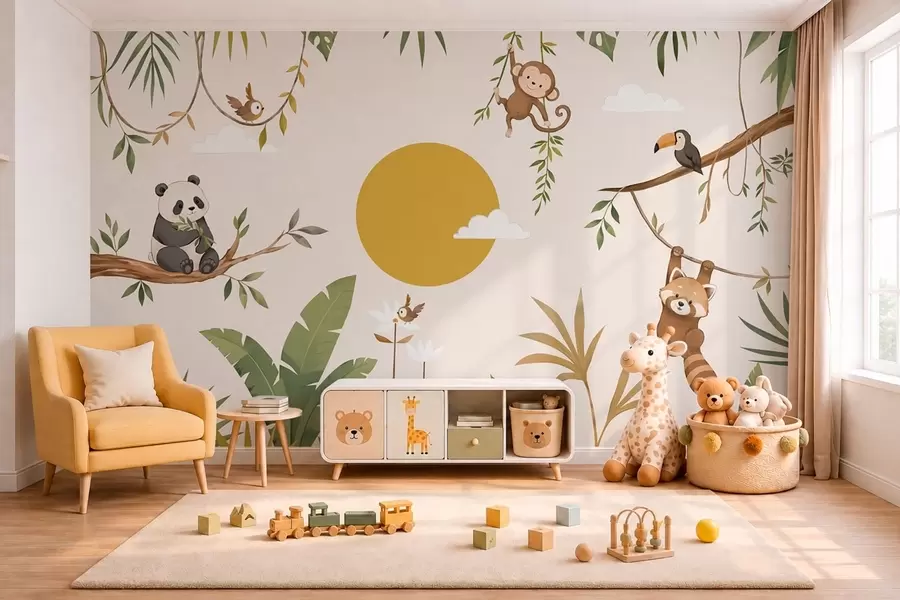 Papier peint photo Des animaux tropicaux au milieu du feuillage, sous un grand soleil w05865v2