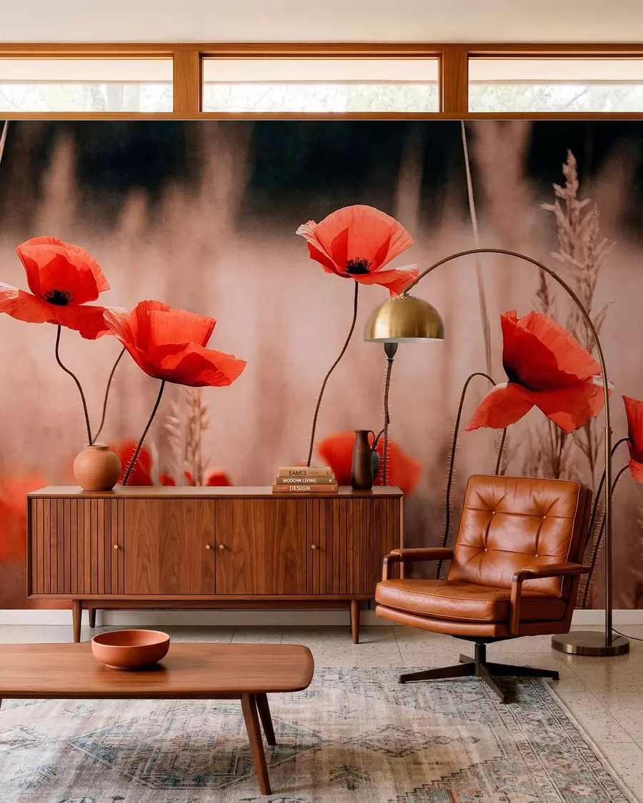 Papier peint photo Des coquelicots d'un rouge vif parmi les herbes sèches w05866