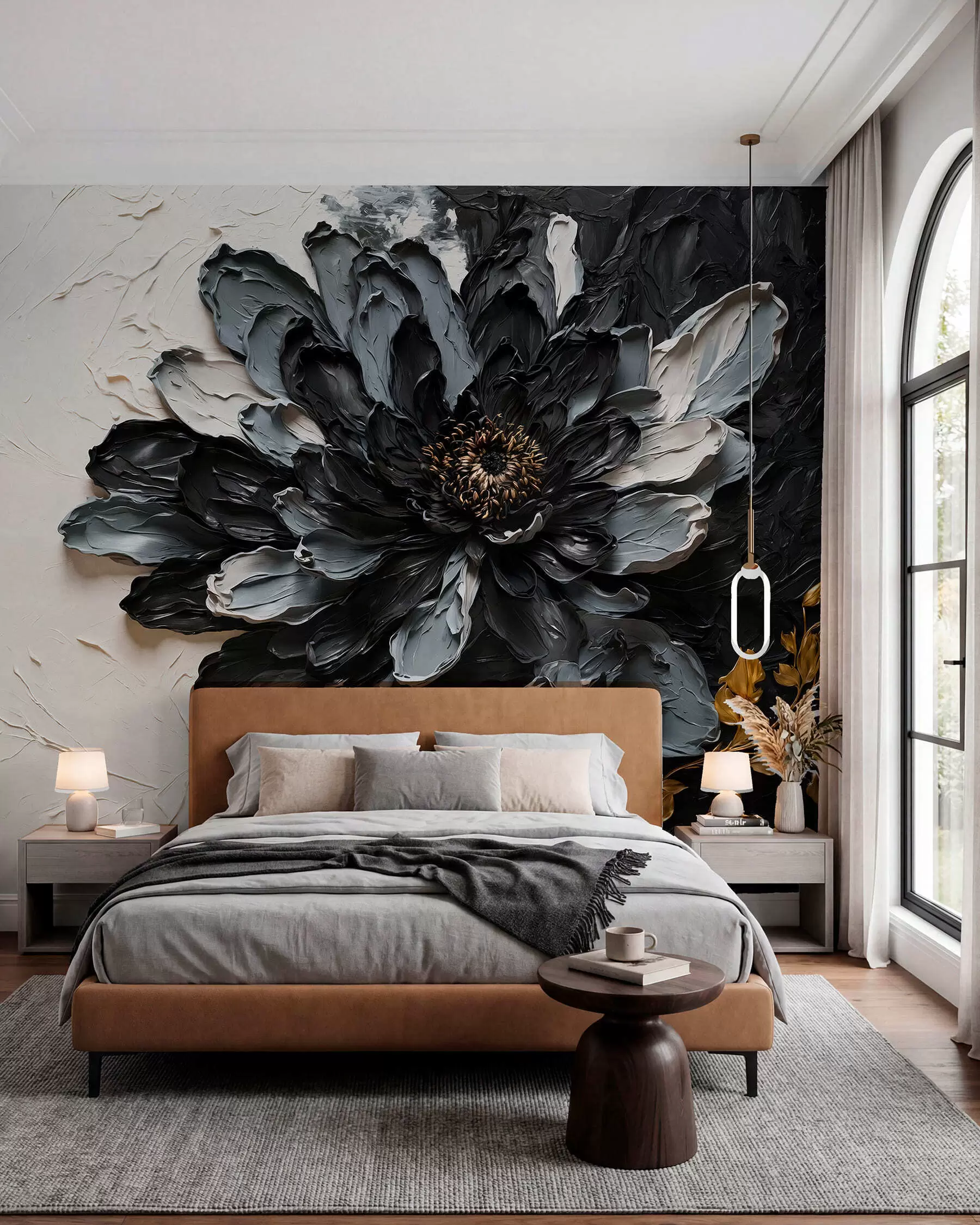 Papier peint photo Fleur texturée noire et grise avec des branches décoratives w05883