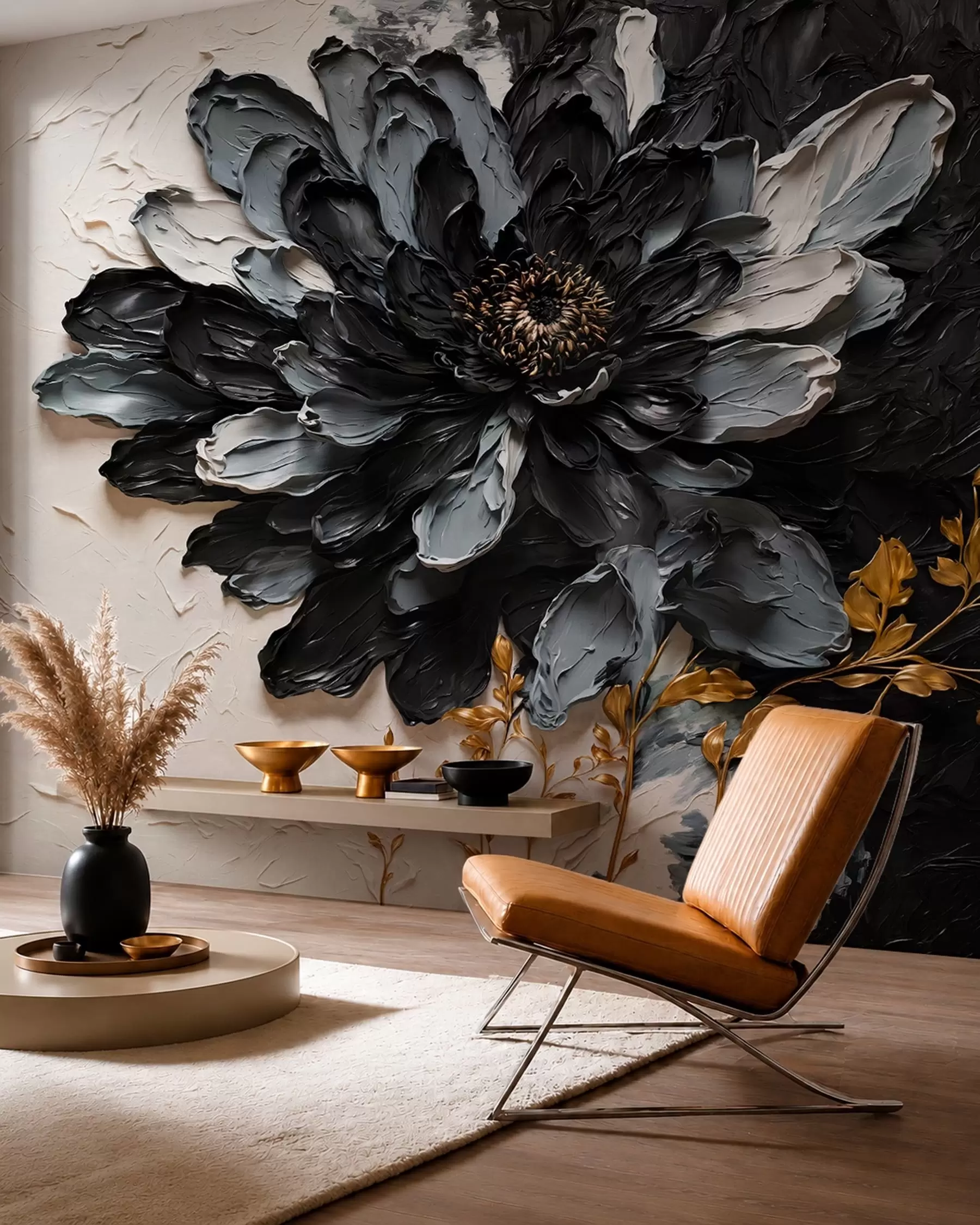 Fotobehang Zwarte en grijze bloem met reliëf en decoratieve takken w05883