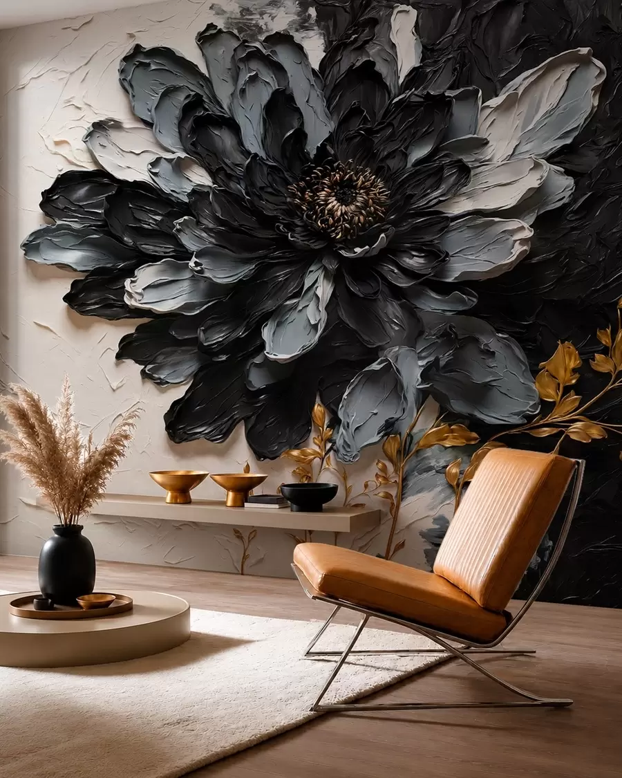 Fotobehang Zwarte en grijze bloem met reliëf en decoratieve takken w05883