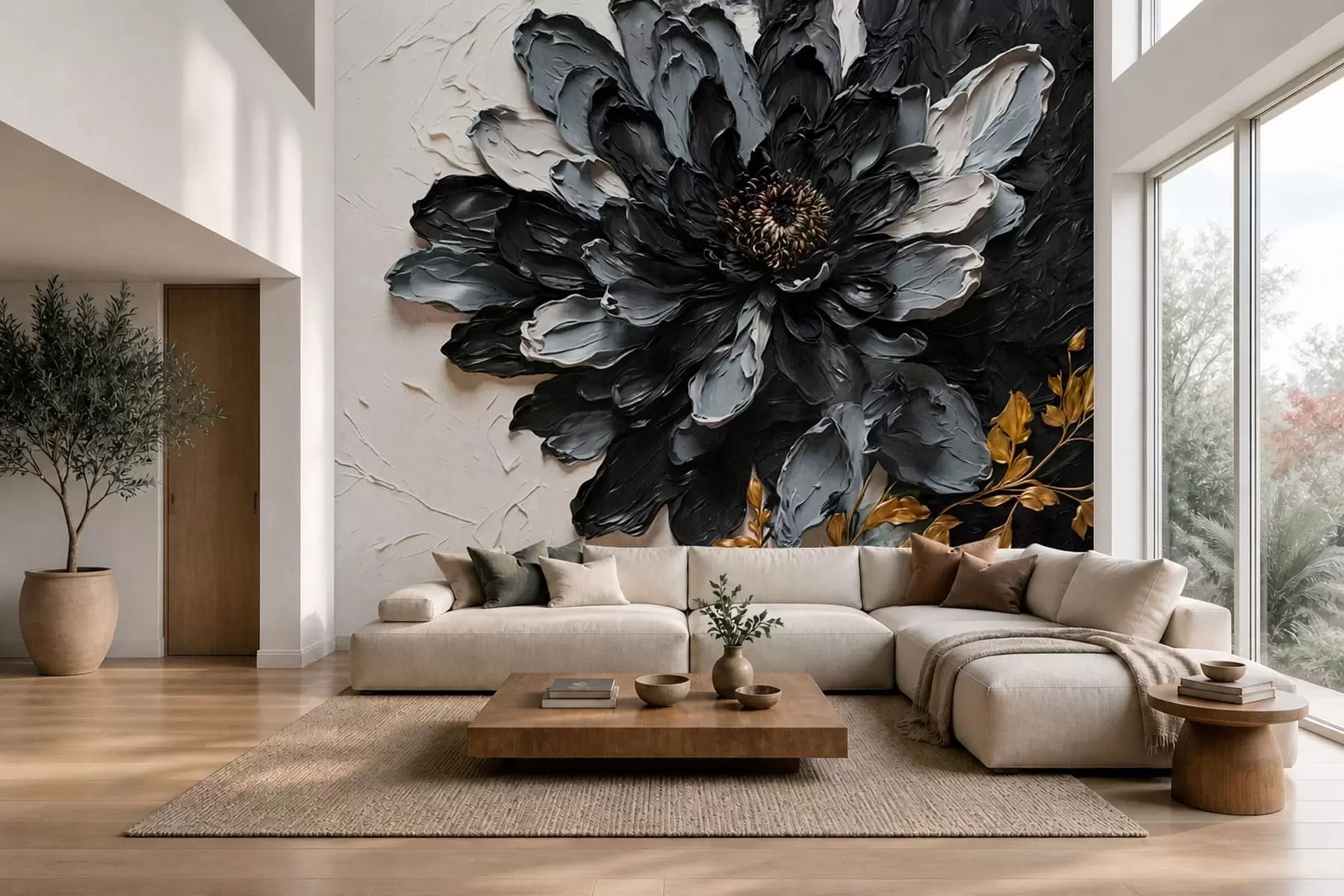 Fotobehang Zwarte en grijze bloem met reliëf en decoratieve takken w05883