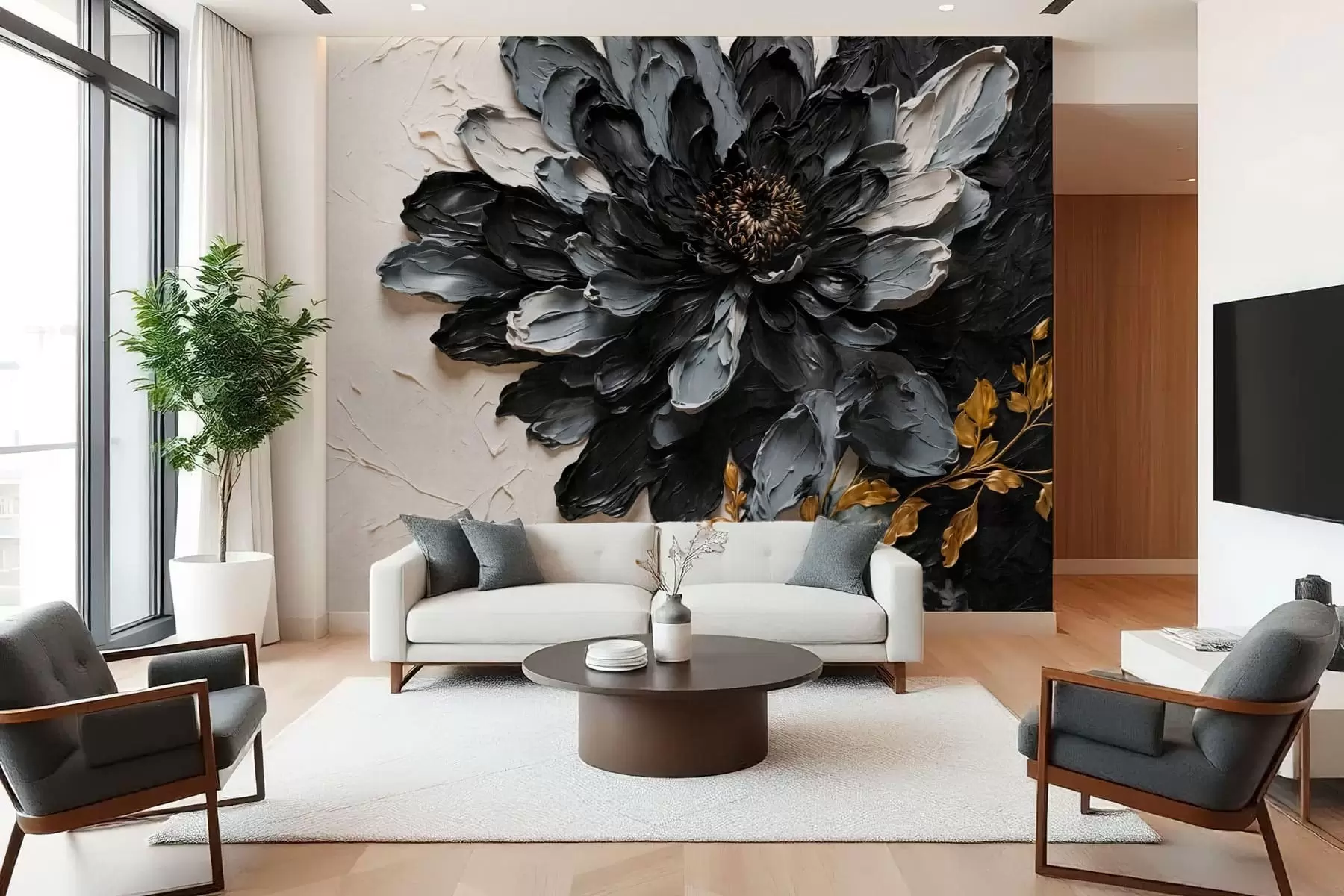 Fotobehang Zwarte en grijze bloem met reliëf en decoratieve takken w05883